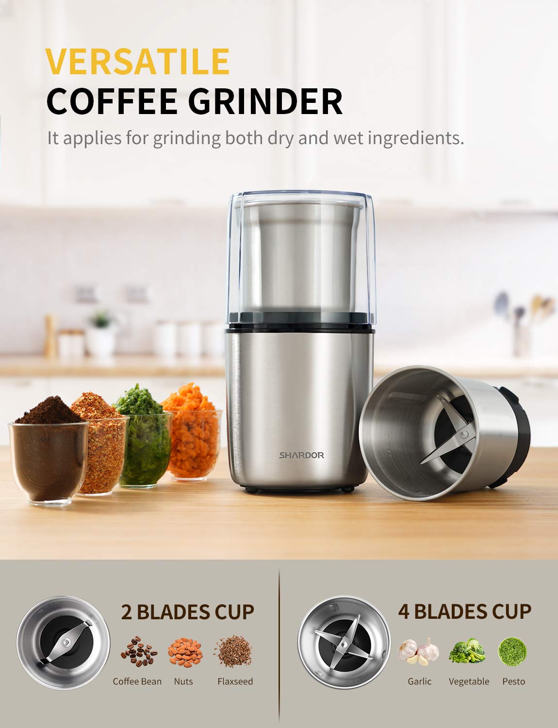 SHARDOR dual cups demonstrate dry and wet grinding options for flavor separation.