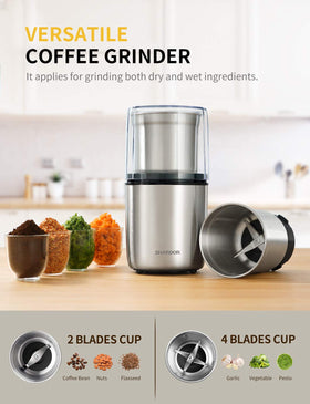 SHARDOR dual cups demonstrate dry and wet grinding options for flavor separation.