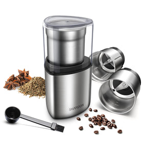 SHARDOR electric grinder in silver grounds coffee beans for fresh aroma.
