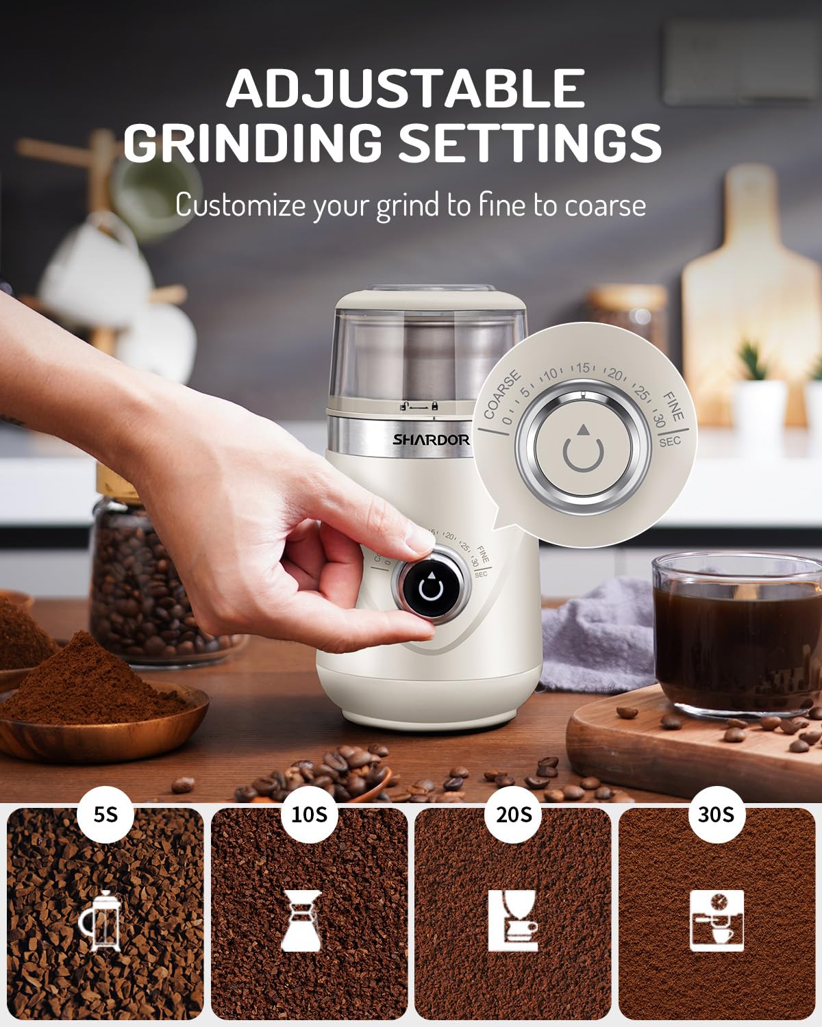 SHARDOR grinder removable cup close-up highlighting 2.5oz capacity for coffee beans