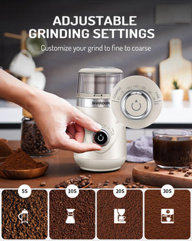 SHARDOR grinder removable cup close-up highlighting 2.5oz capacity for coffee beans