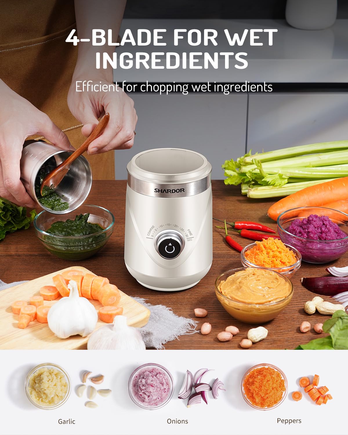 SHARDOR grinder with stainless steel bowls and dual blades in action