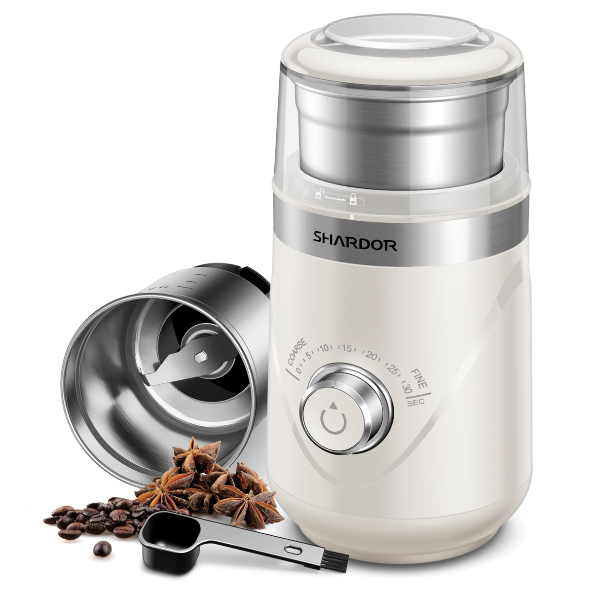 SHARDOR cream coffee grinder front view highlighting compact quiet design for mornings.