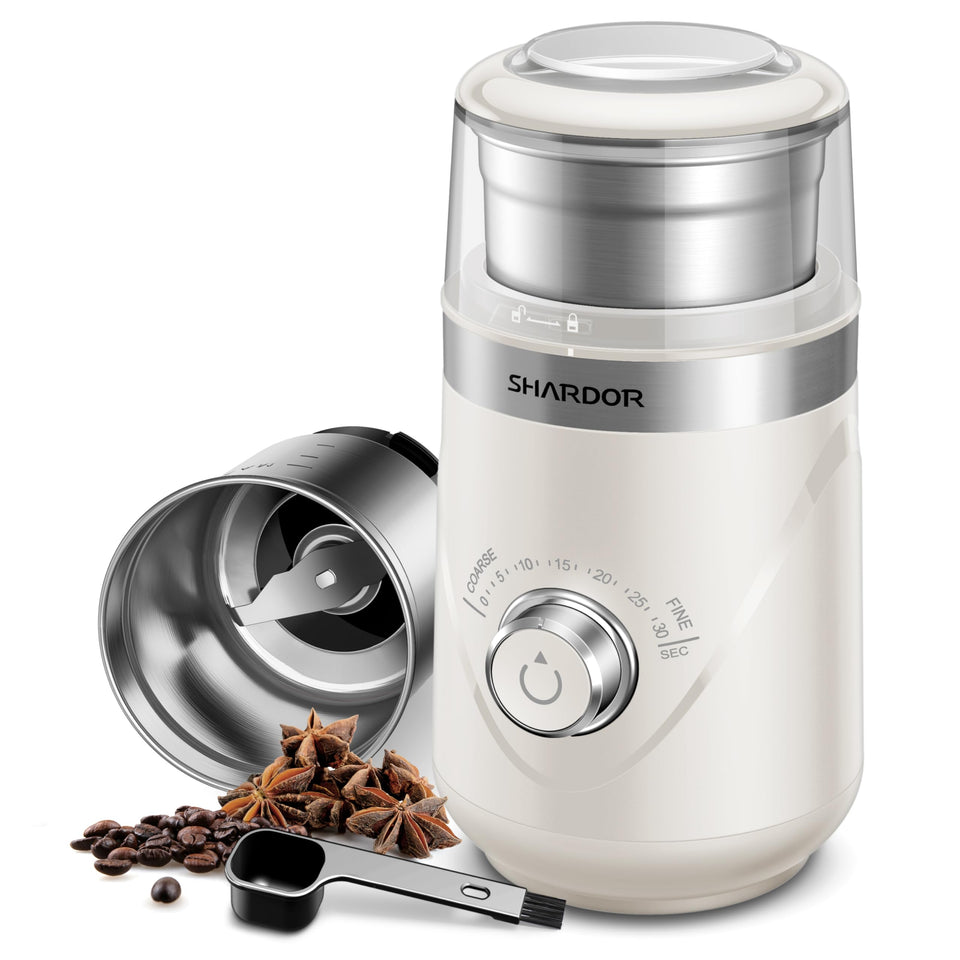 SHARDOR cream coffee grinder front view highlighting compact quiet design for mornings.