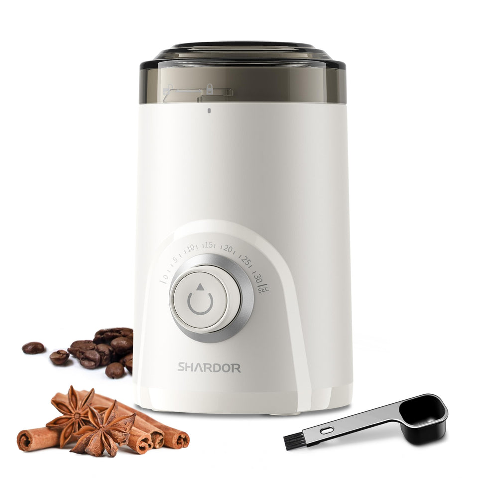 SHARDOR electric silent blade grinder front view, quiet morning coffee.