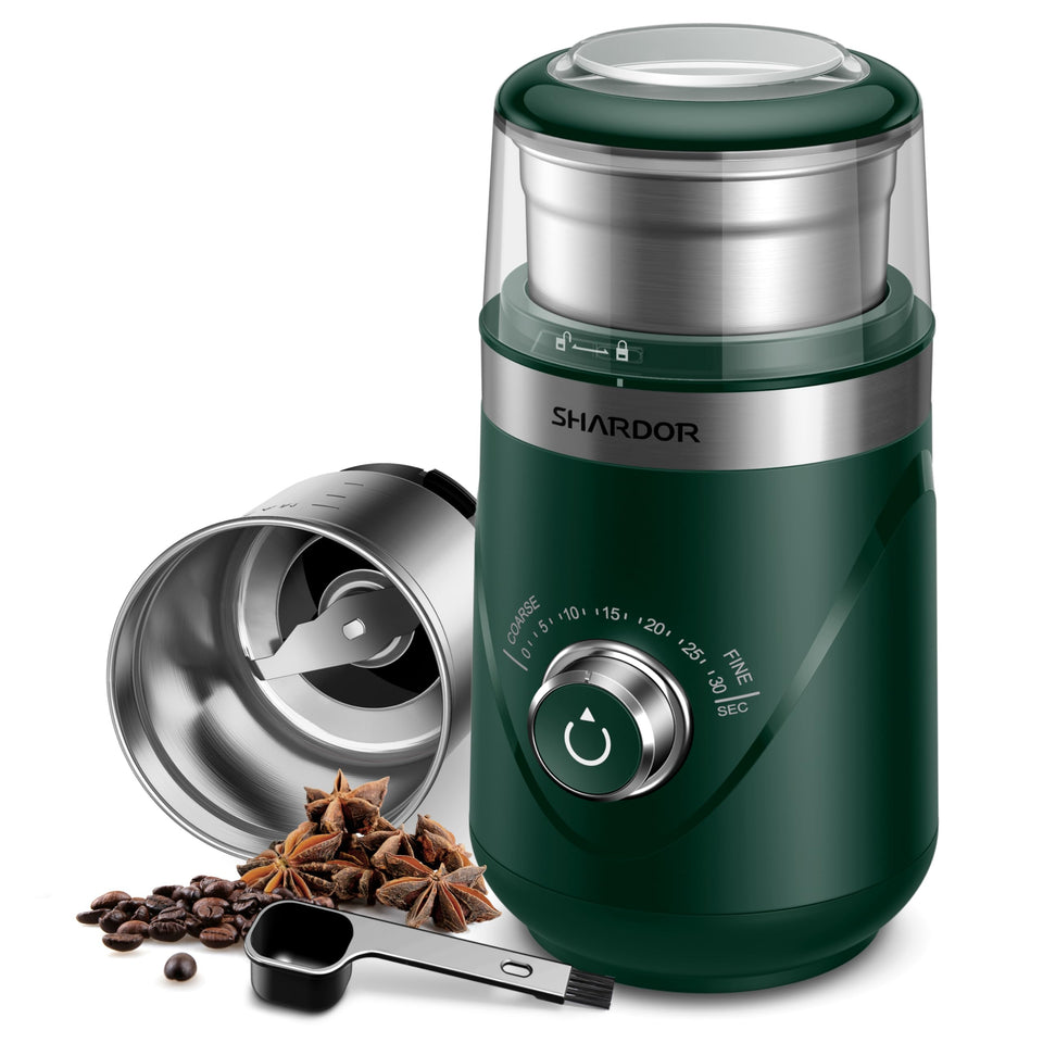 SHARDOR electric grinder in green, ready for fresh coffee grinding