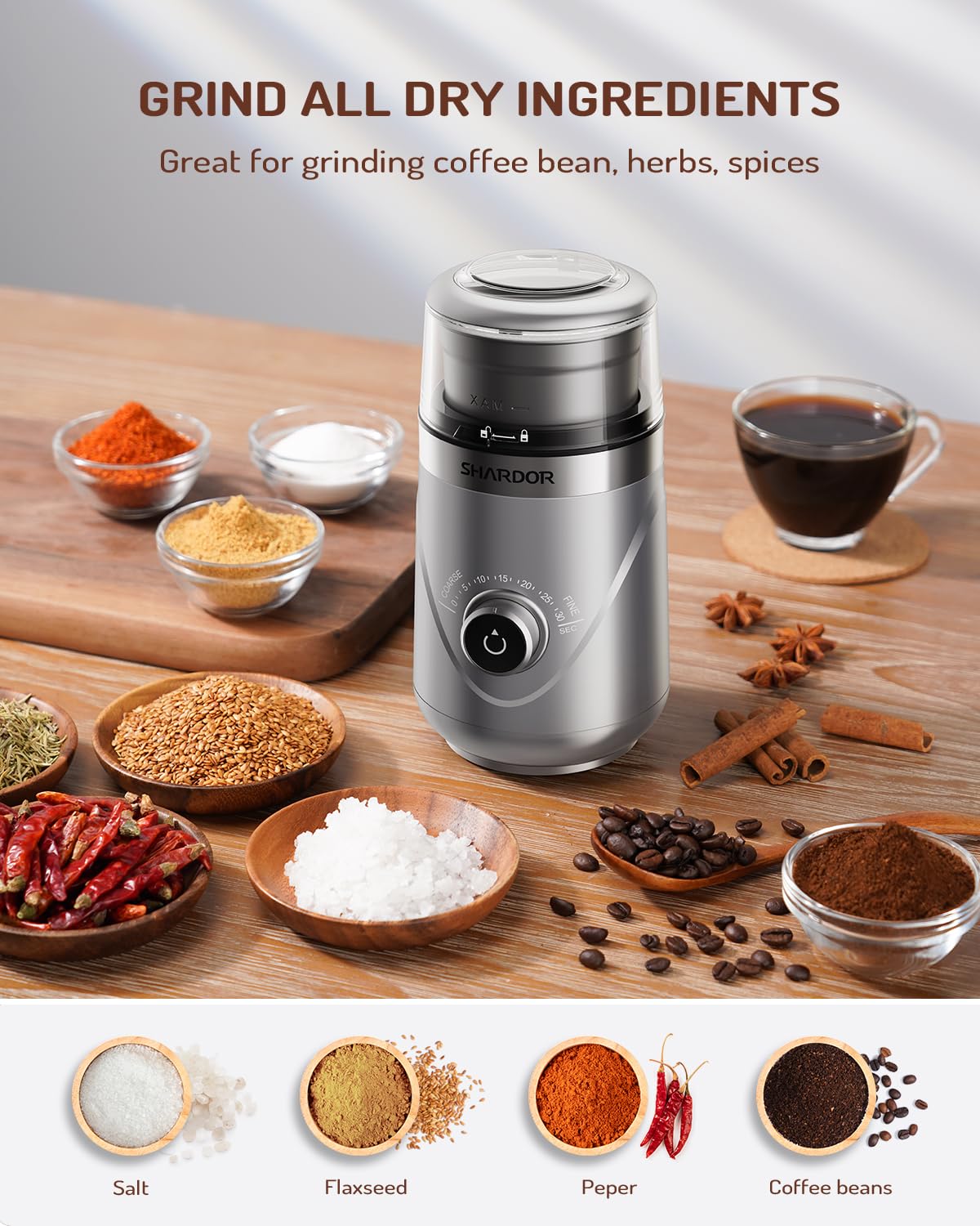 SHARDOR grinder operates quietly at 63 dB, ideal for stable morning routines