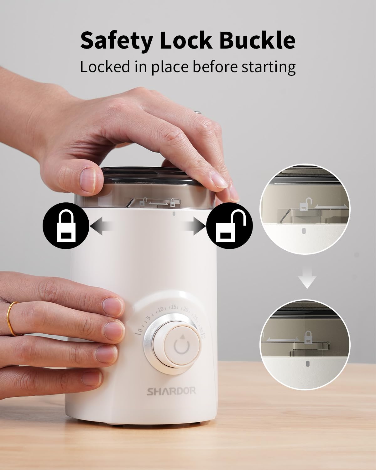 SHARDOR grinder timer knob close-up, precise control from coarse to fine.