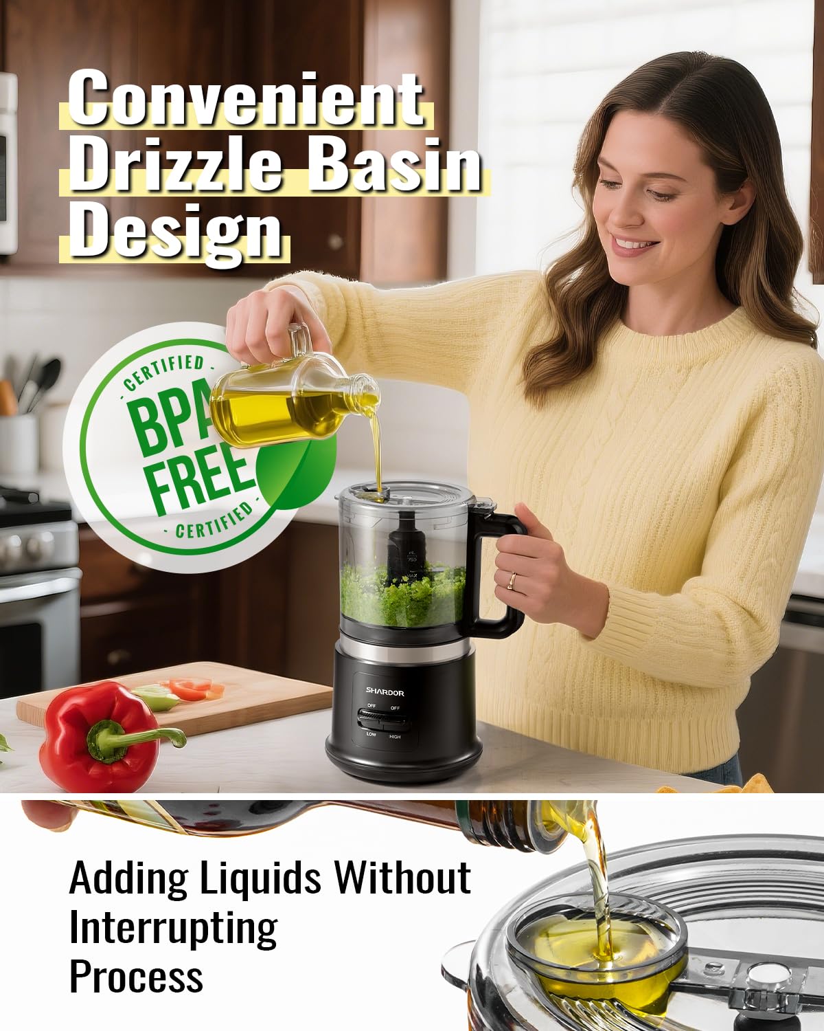 SHARDOR food chopper user-friendly-design aids scraping and even mixing.