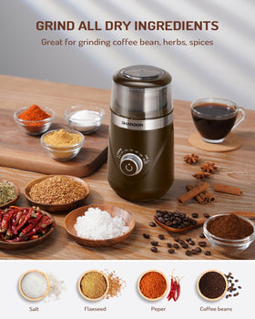 SHARDOR grinder with adjustable coarse to fine settings for spices and herbs.