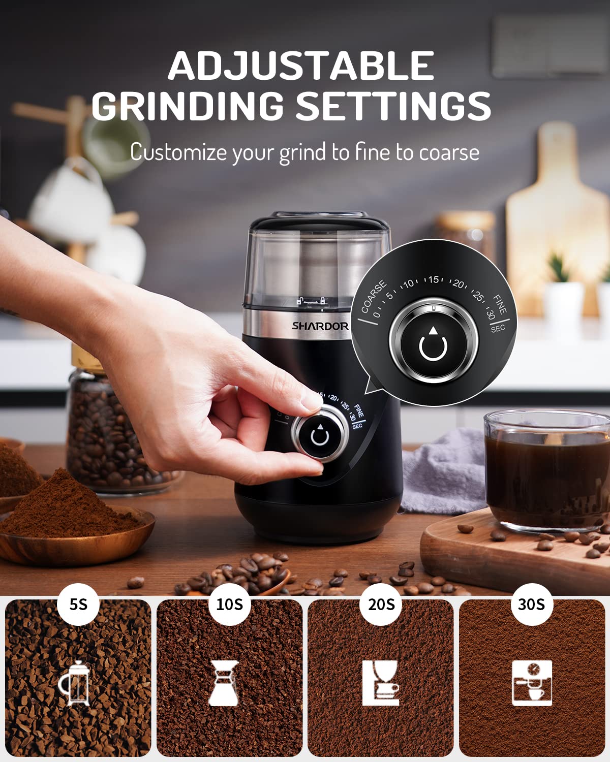 SHARDOR grinder timer dial control enabling precise grind sizes