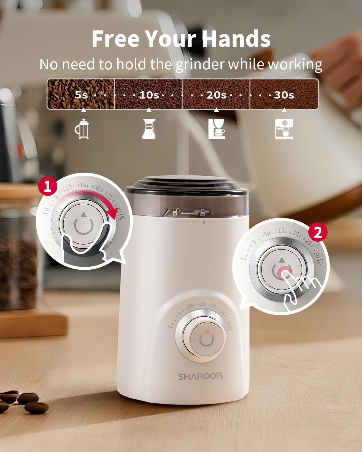 SHARDOR grinder shown with spices and herbs, versatile for dry ingredients.