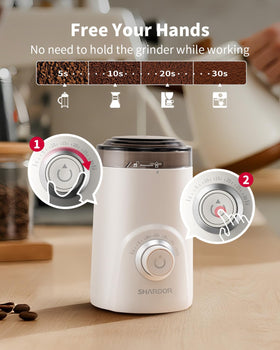 SHARDOR grinder shown with spices and herbs, versatile for dry ingredients.
