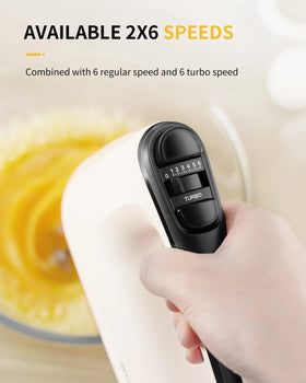 SHARDOR Hand Mixer turbo mode for quick batter preparation.