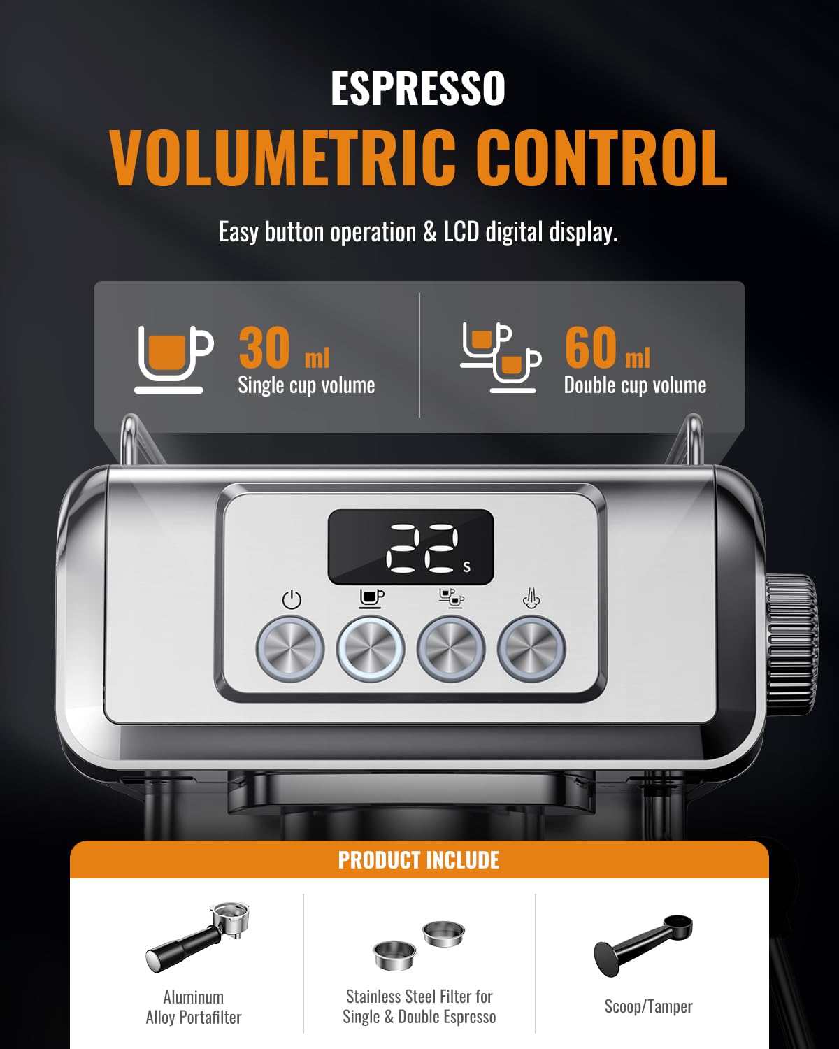 SHARDOR LCD display and controls simplify choosing single or double shots.