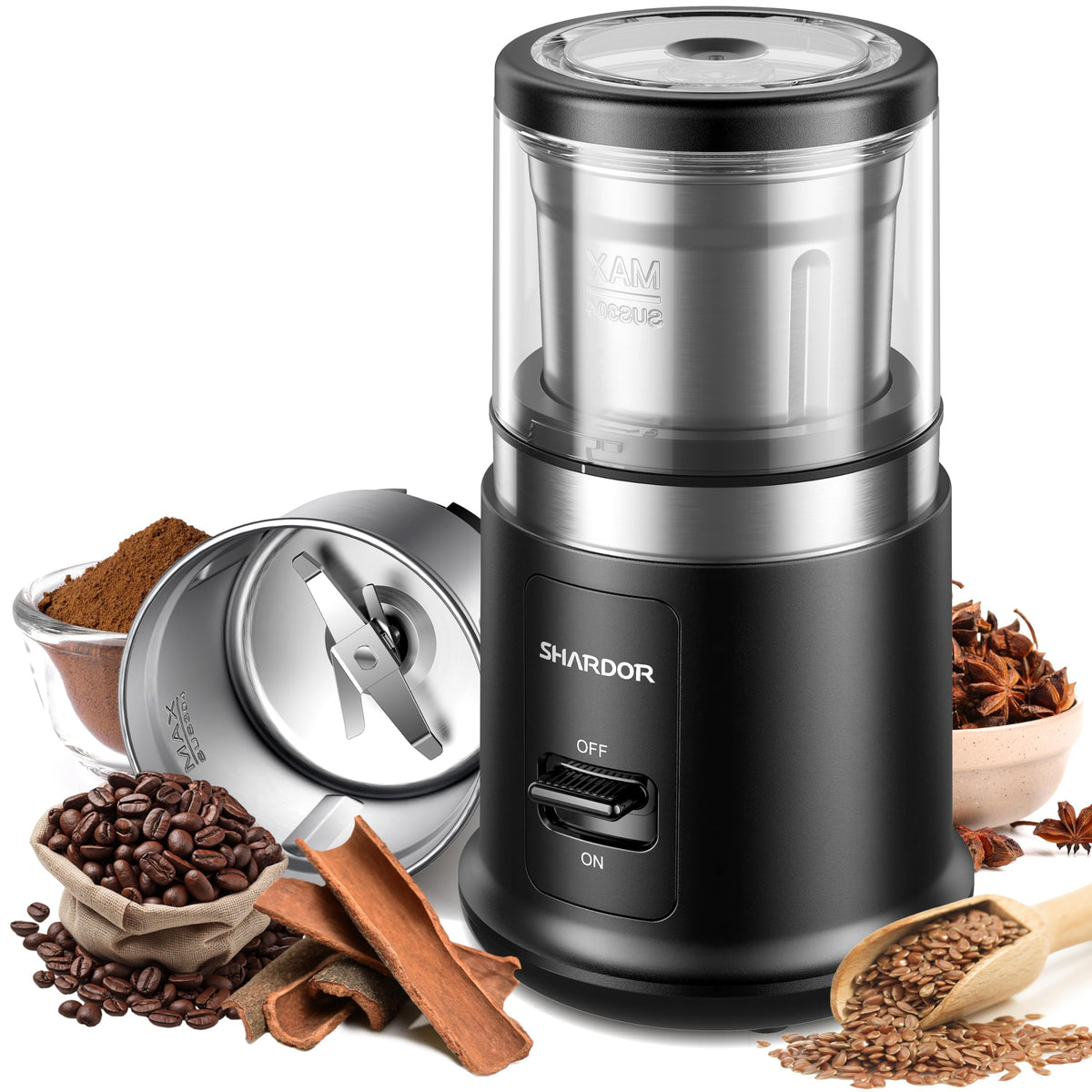 SHARDOR One Touch Coffee Grinder front view, compact home-friendly design.