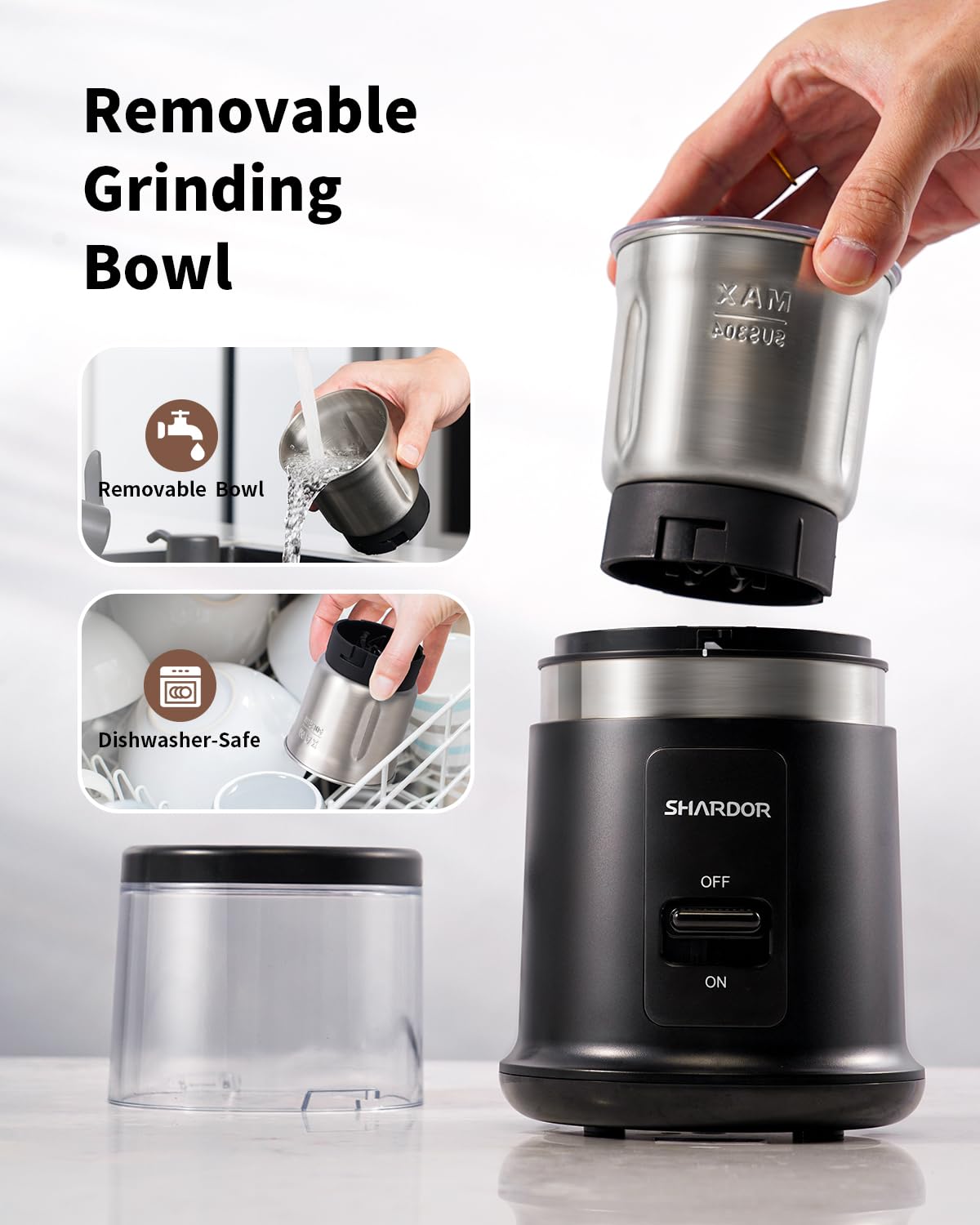 SHARDOR One Touch Coffee Grinder removable cup, simple filling and pouring.