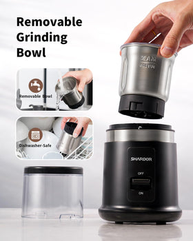 SHARDOR One Touch Coffee Grinder removable cup, simple filling and pouring.