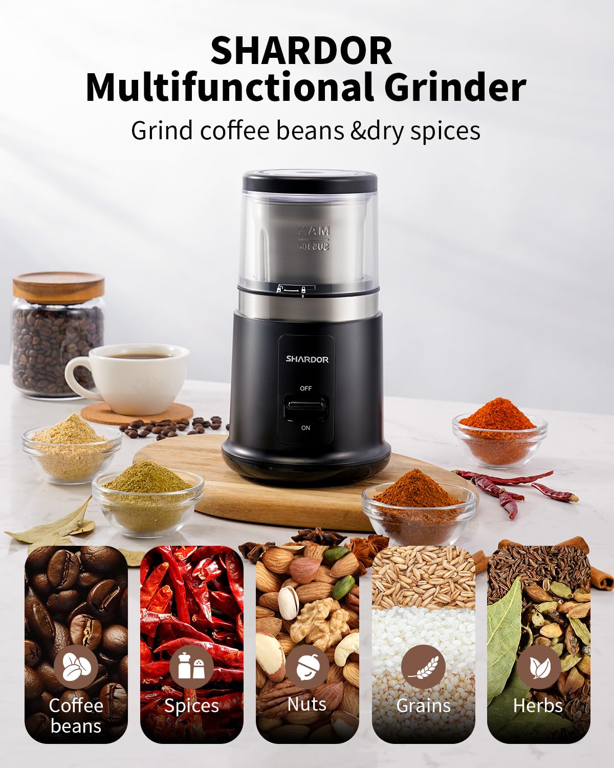 SHARDOR One Touch Grinder top view, convenient control at a glance.