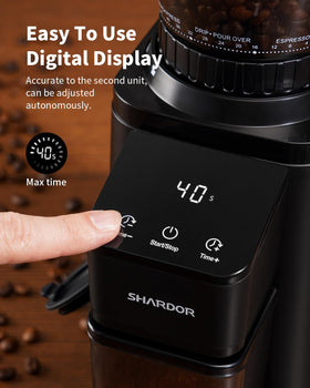 SHARDOR anti-static technology helps minimize coffee grounds dispersion during grinding.