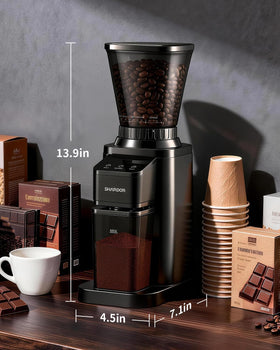 SHARDOR grinder in action beside an espresso setup illustrates versatile home brewing options.