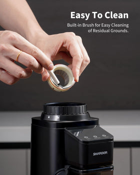 SHARDOR conical burr close-up reveals uniform grind particles supporting consistent extraction.