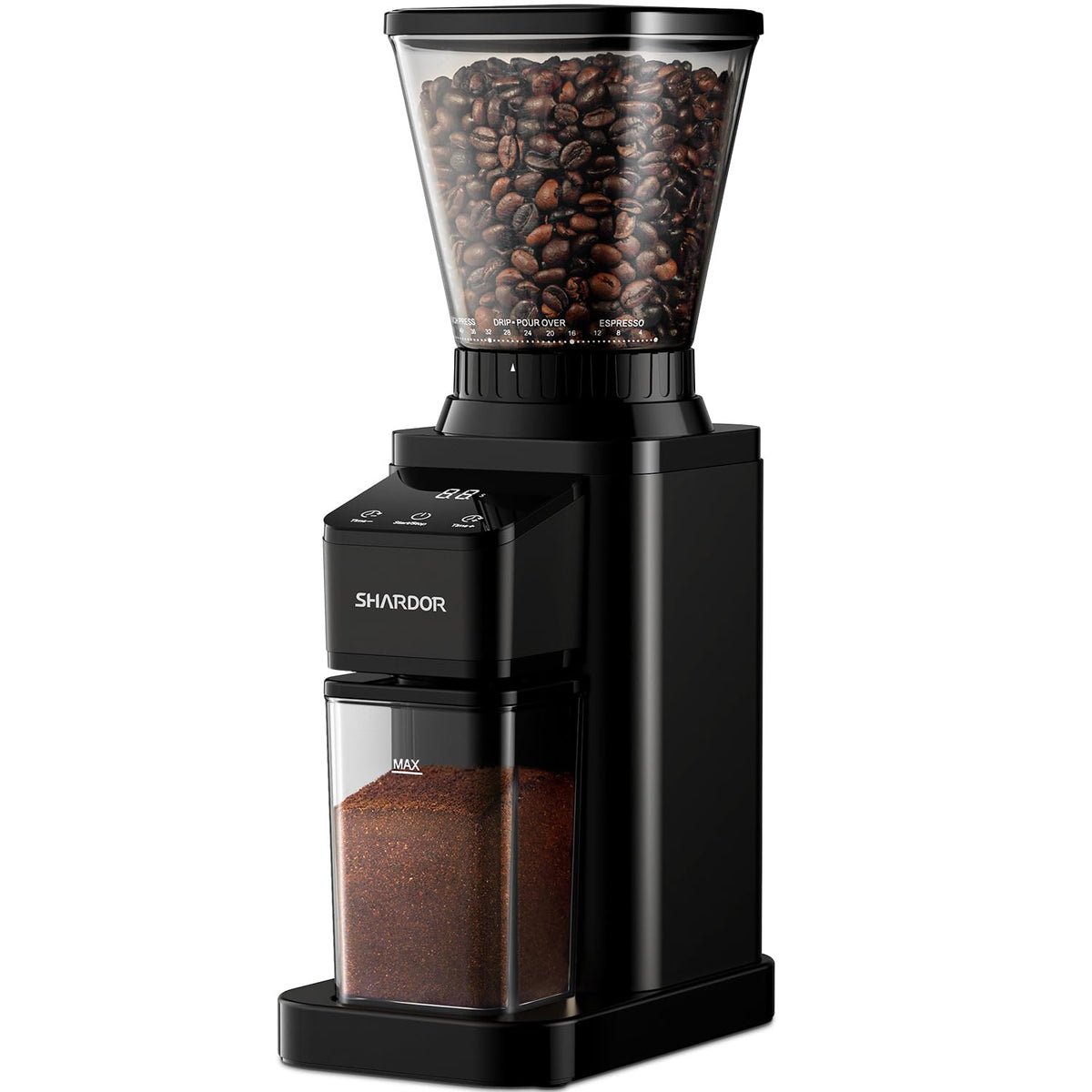 SHARDOR Professional grinder front view highlights a compact design for easy countertop use.