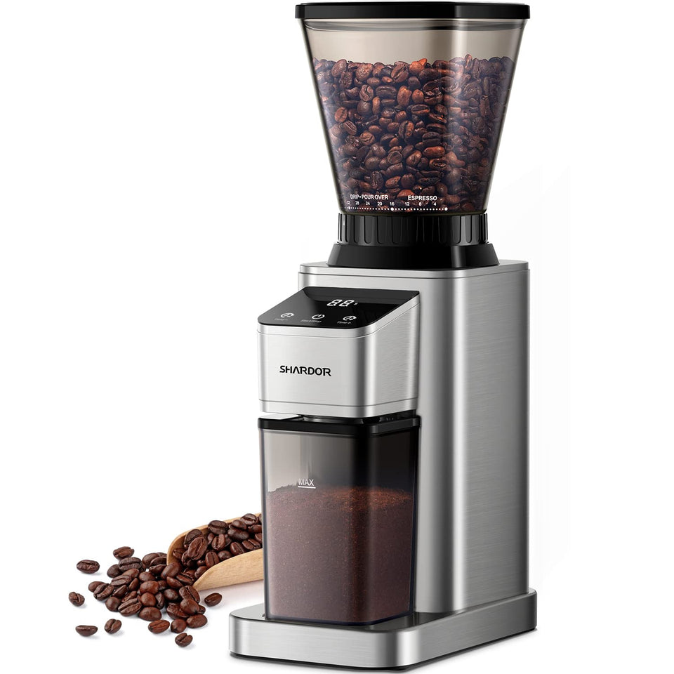 SHARDOR professional conical burr grinder offers espresso grind settings for precision.