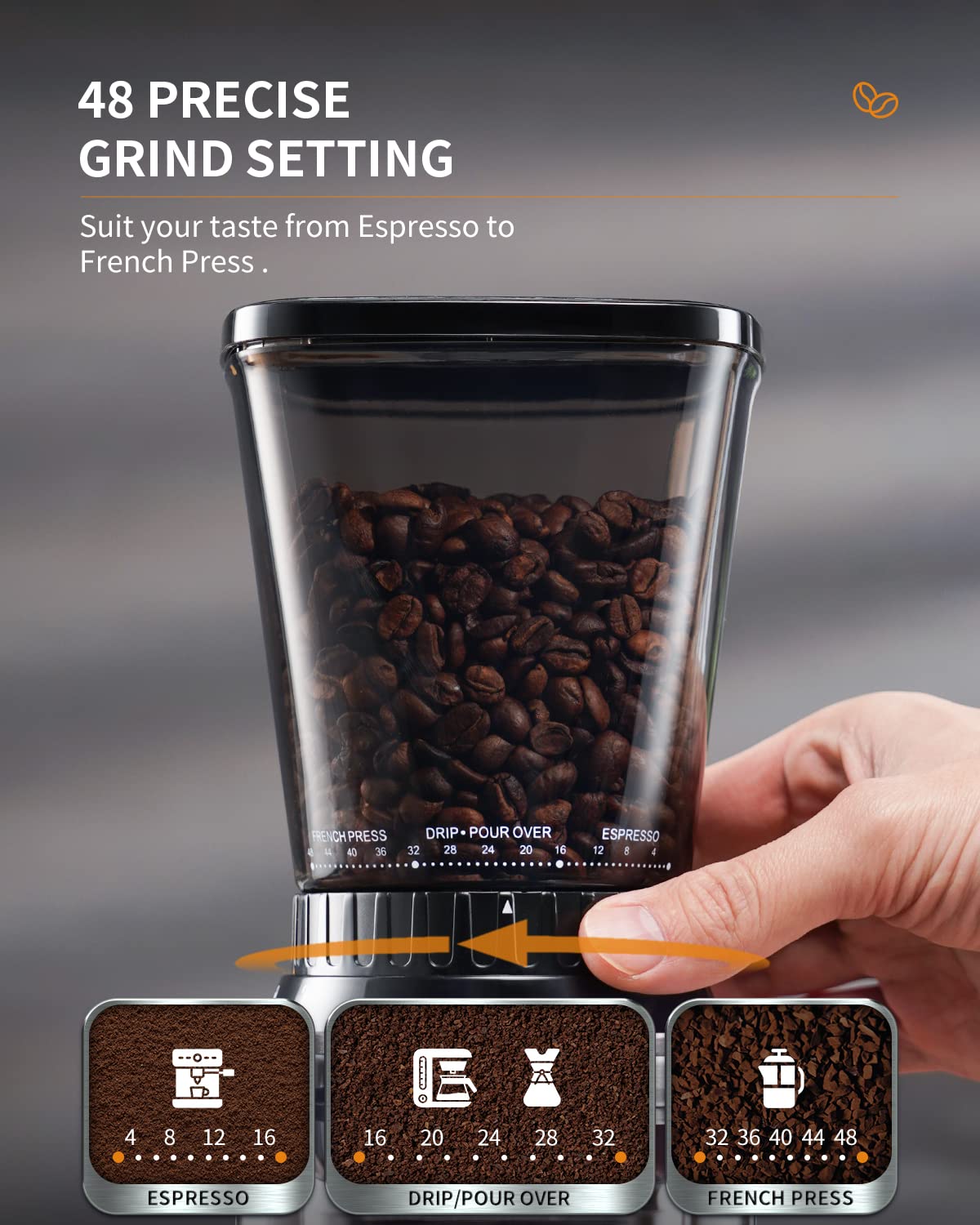 SHARDOR grinder features precision timer for consistent, timed grinding sessions.