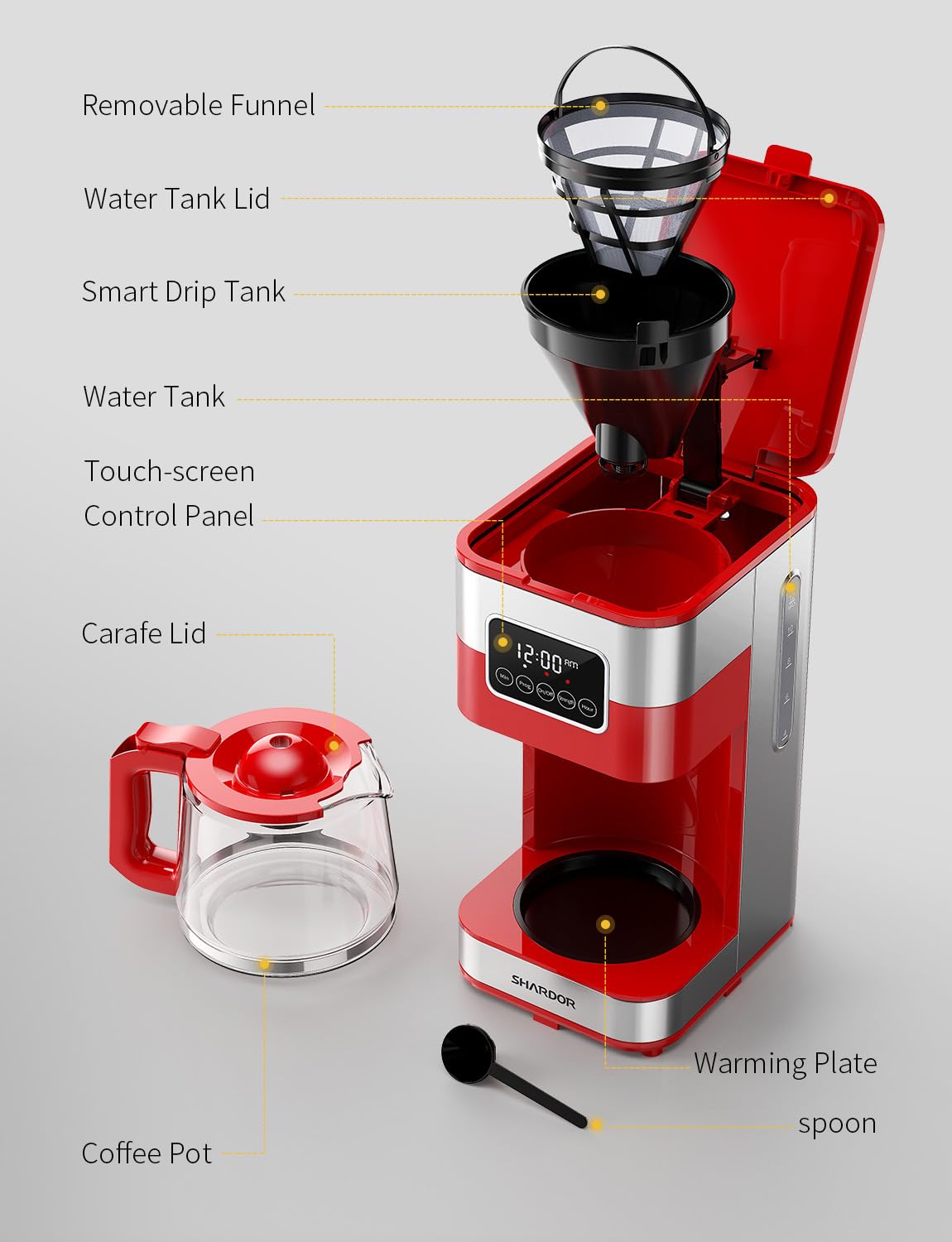 SHARDOR red coffee maker adds bold style to a modern kitchen.