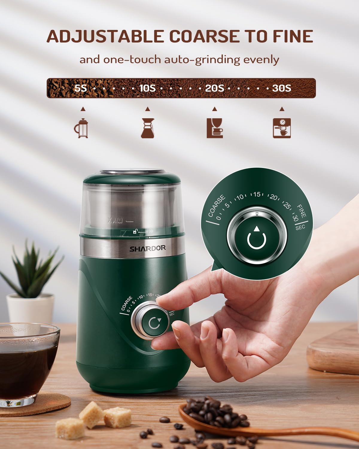 Removable grinding cup with 2.5 oz capacity for beans