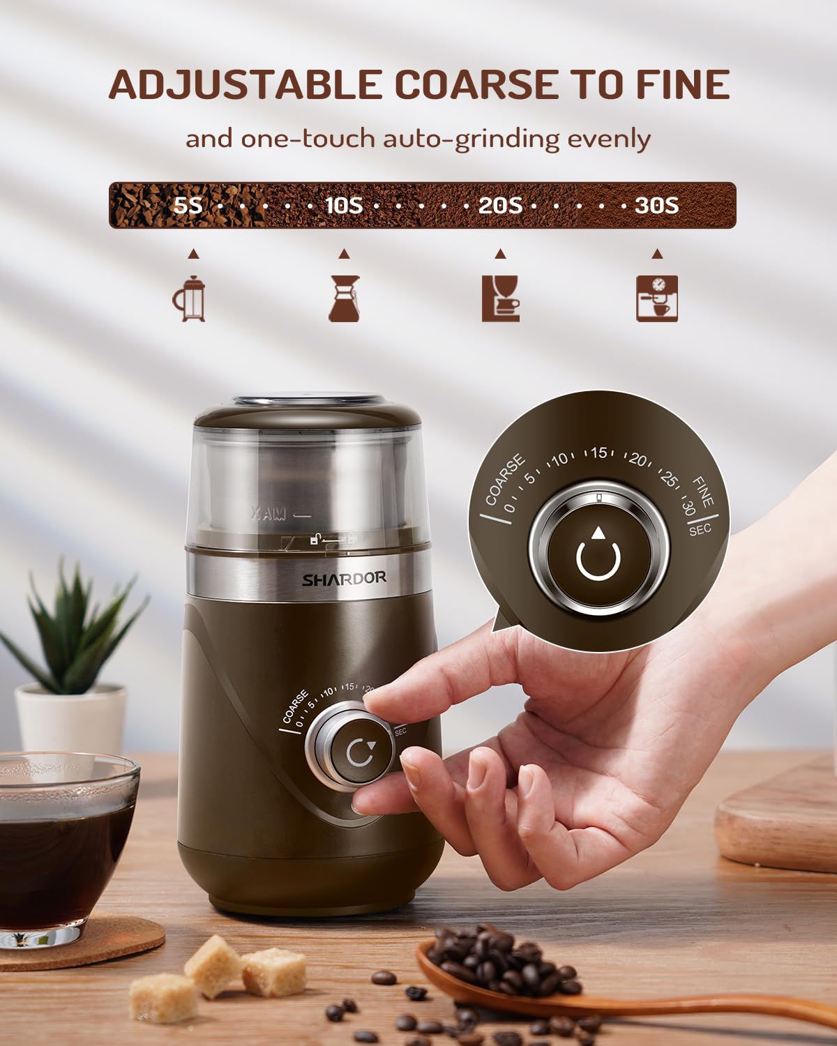 SHARDOR removable grinding cup 2.5oz enables quick batch grinding.