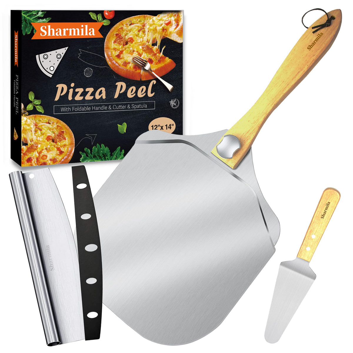 Sharmila pizza peel with foldable wooden handle for easy transfer.