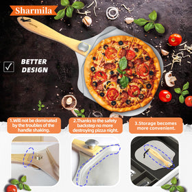 Sharmila covered rocker cutter for safe, precise pizza slicing.