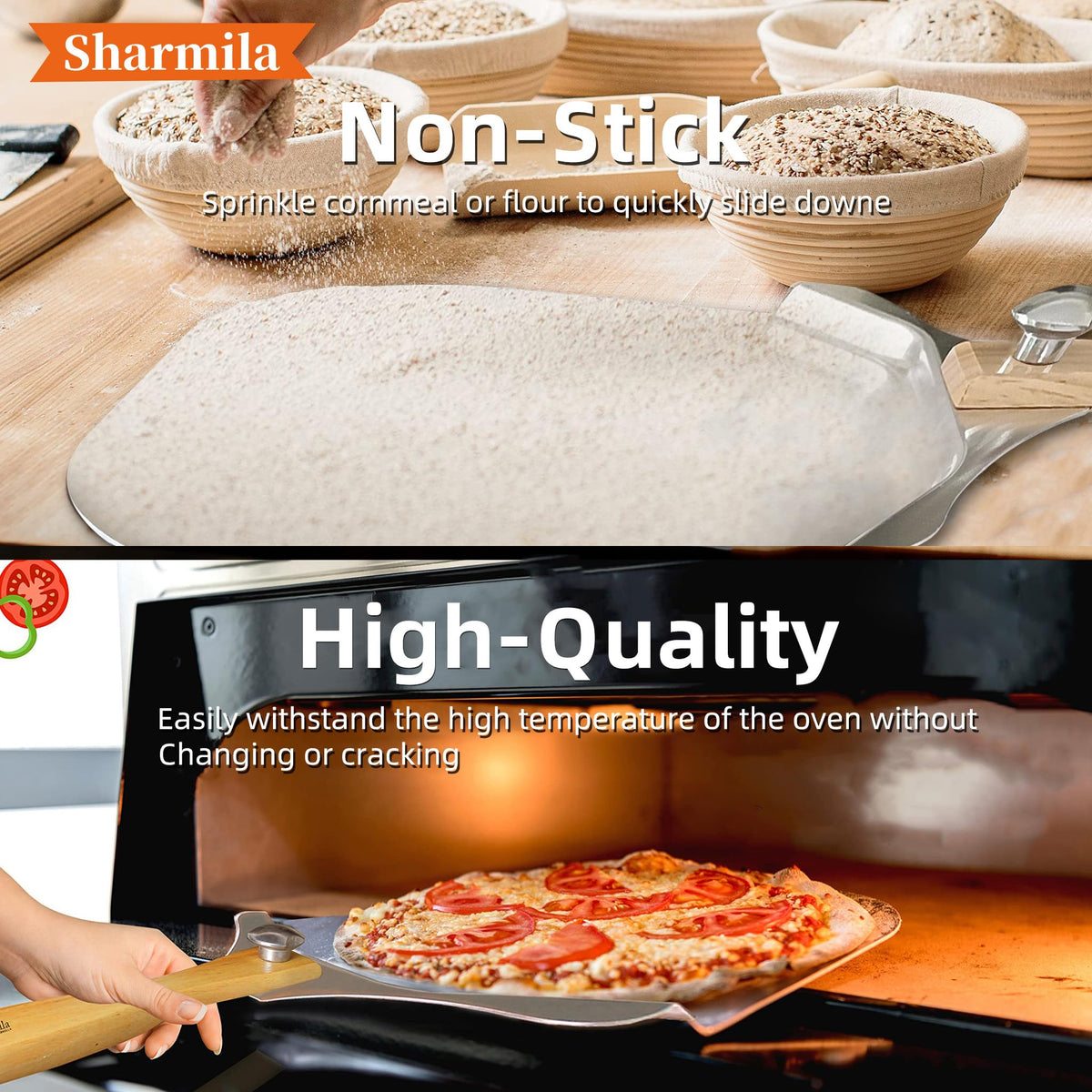 Sharmila stainless steel pizza spatula lifts hot slices safely.