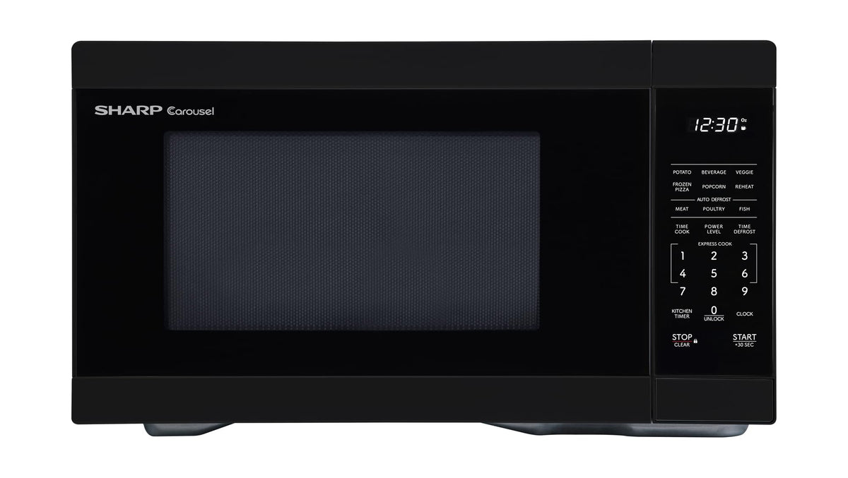 Sharp countertop microwave front view in black, a space-saving choice for small kitchens.