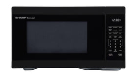 Sharp countertop microwave front view in black, a space-saving choice for small kitchens.
