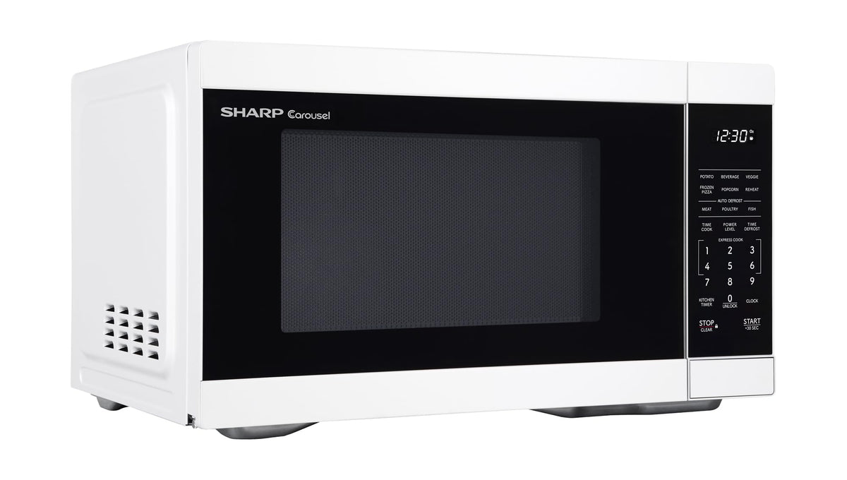 Sleek white and black SHARP microwave design suitable for modern kitchens.
