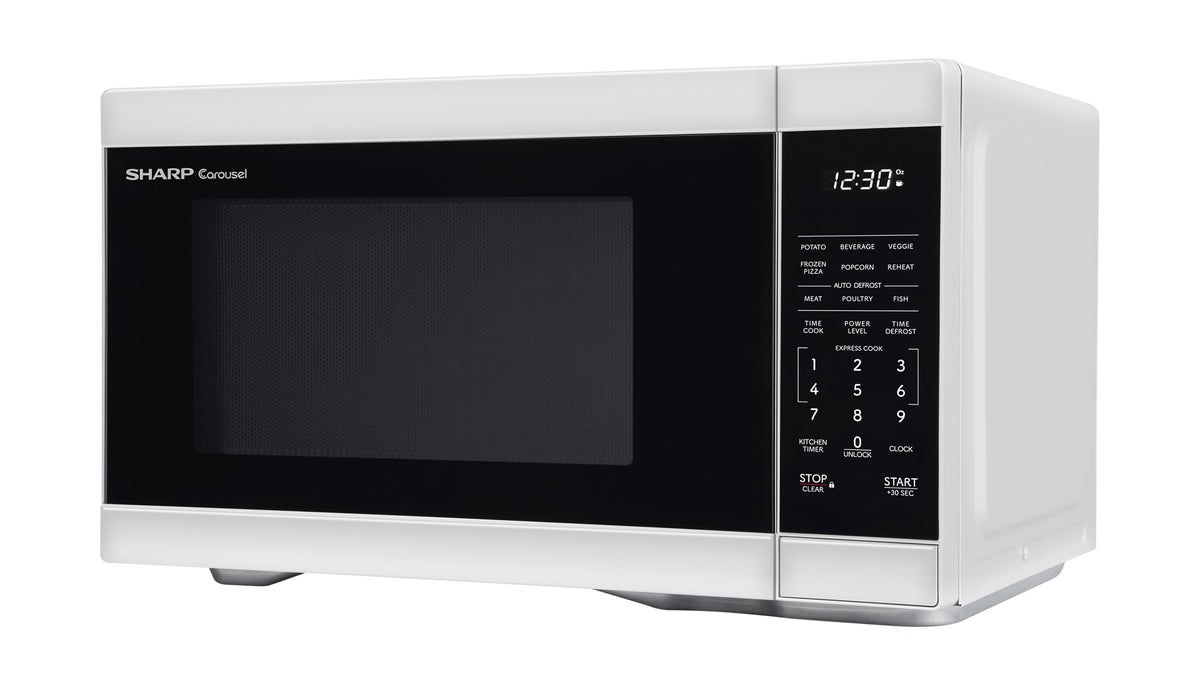 Bright LED interior lighting in a SHARP microwave enhances food inspection.