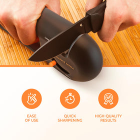 Sharp Pebble Orange Ninja in kitchen setup highlights quick three-step sharpening.