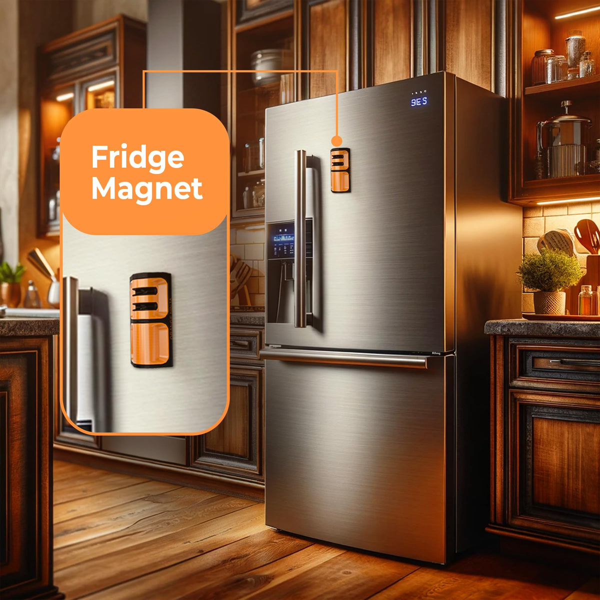Sharp Pebble Orange Ninja fridge attachment keeps blades accessible in the kitchen.