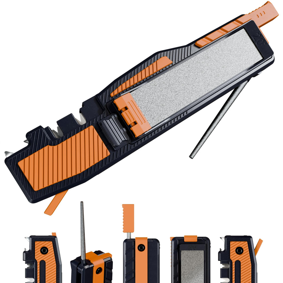 Sharp Pebble Orange Ninja pocket sharpener in 8-in-1 field kit for outdoor sharpening