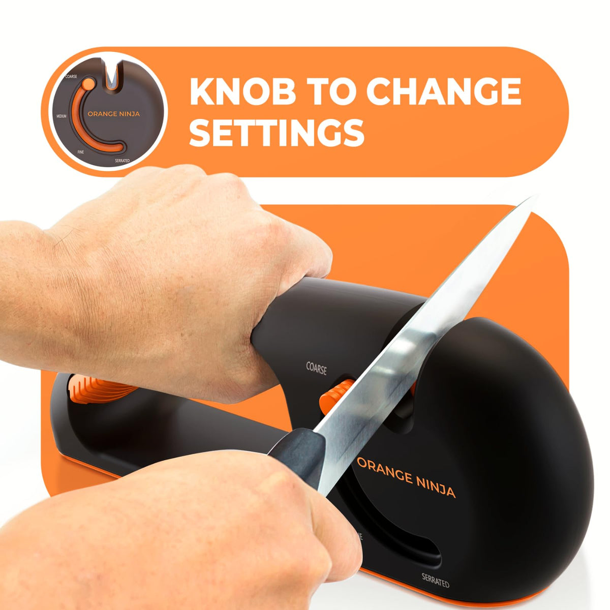 Sharp Pebble Orange Ninja serrated slot closeup demonstrates targeted sharpening for bread knives.