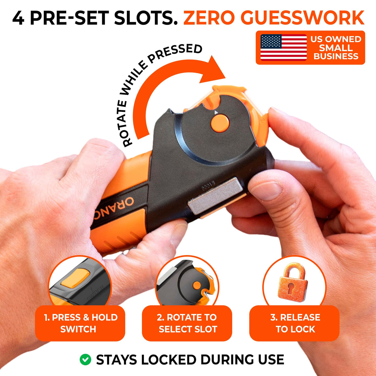 Sharp Pebble Orange Ninja Sharpener axe-focused image highlights tough blade sharpening capability