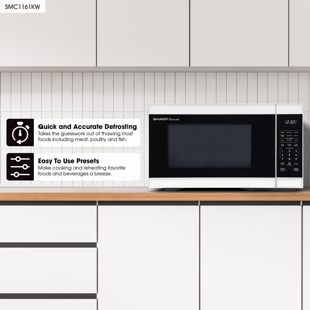 Sharp SMC1161KW microwave showing gray interior and LED display for easy visibility.