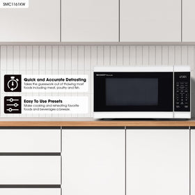 Sharp SMC1161KW microwave showing gray interior and LED display for easy visibility.