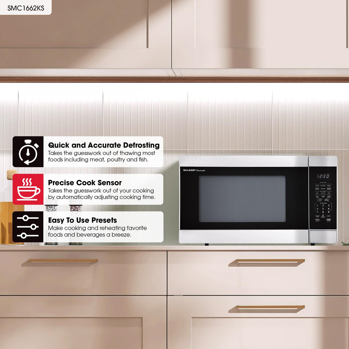 Sharp SMC1662DS stainless steel exterior adds a modern kitchen look