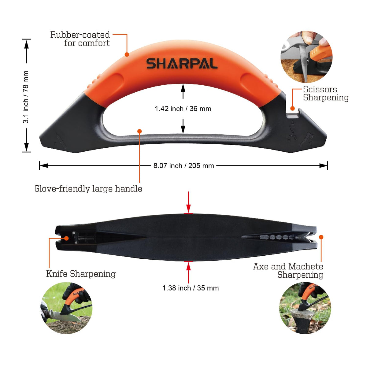 SHARPAL 112N sharpens a hatchet for reliable garden maintenance.