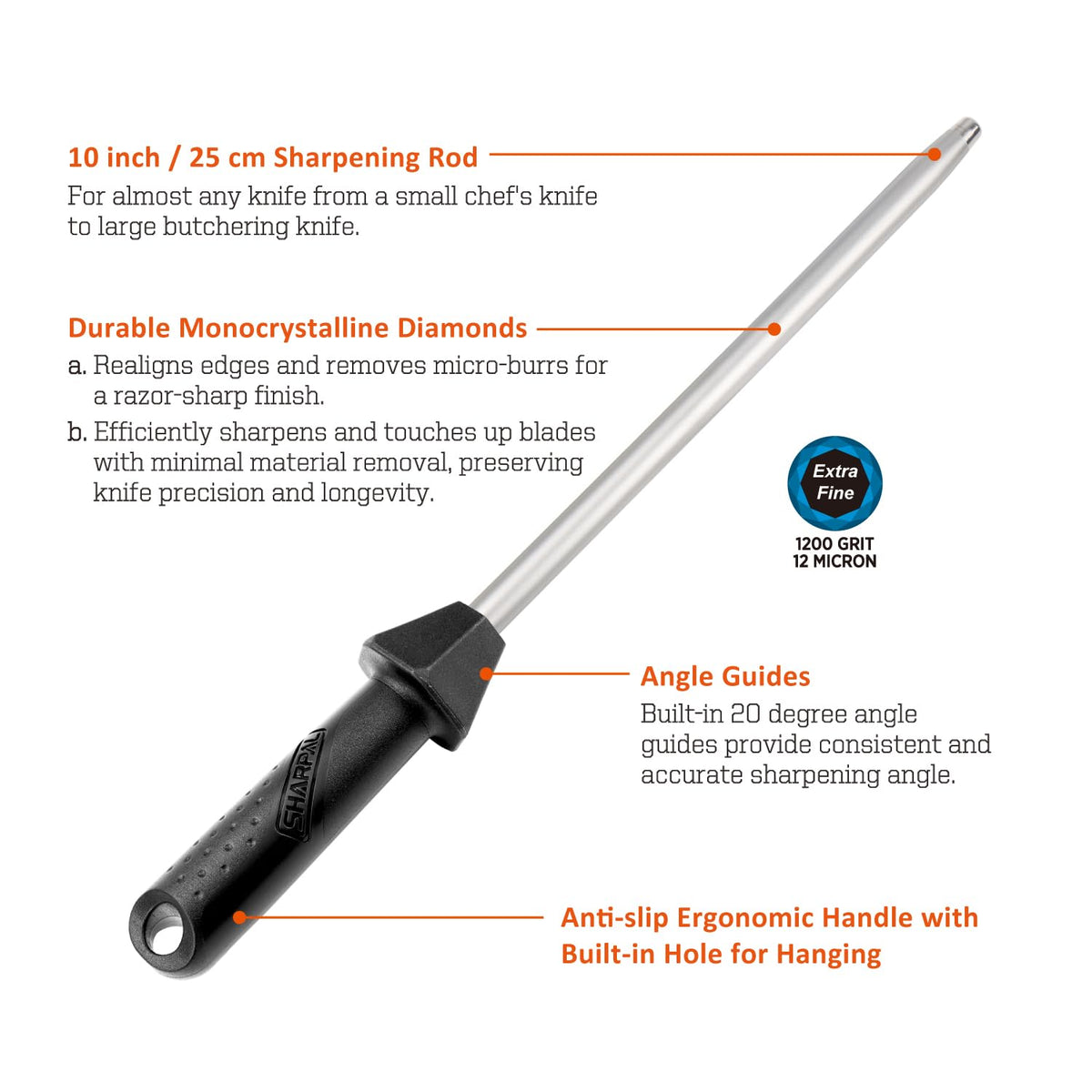 SHARPAL 119N diamond sharpening steel with built-in angle guides for consistent results