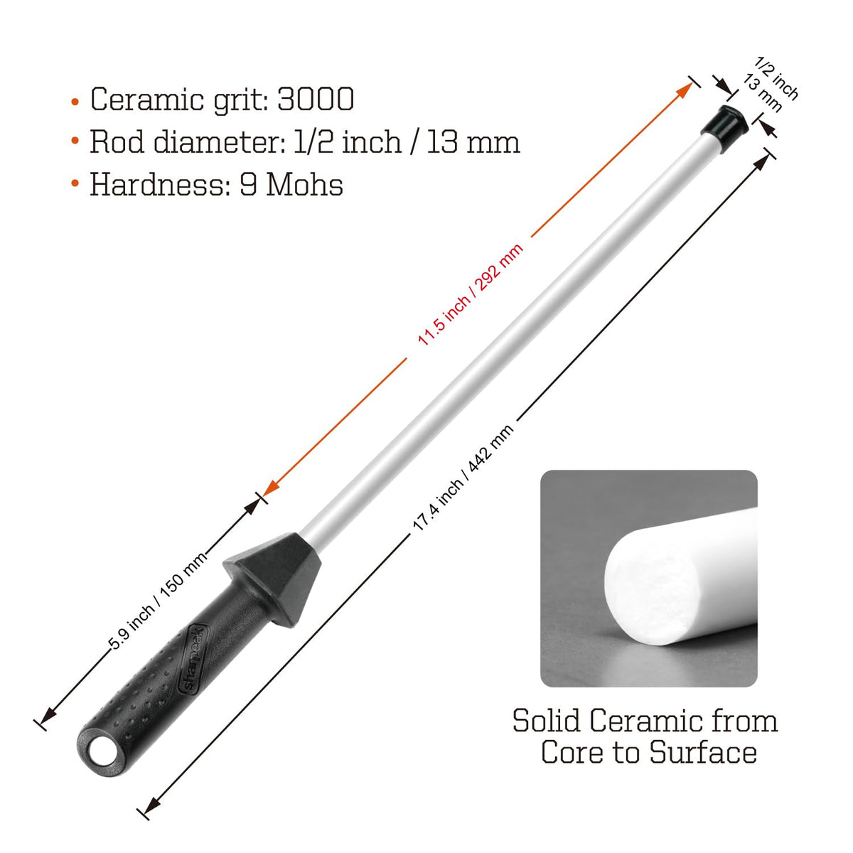 Sharpeak rod displays built-in angle guides for consistent sharpening across blades.